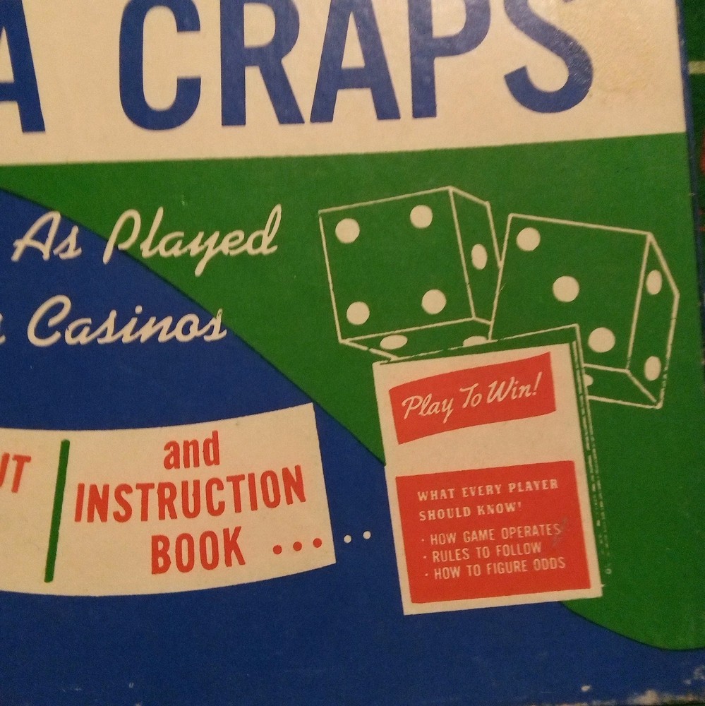 Vtg. E.S. Lowe Nevada Craps Layout Cloth, Dice, Book.