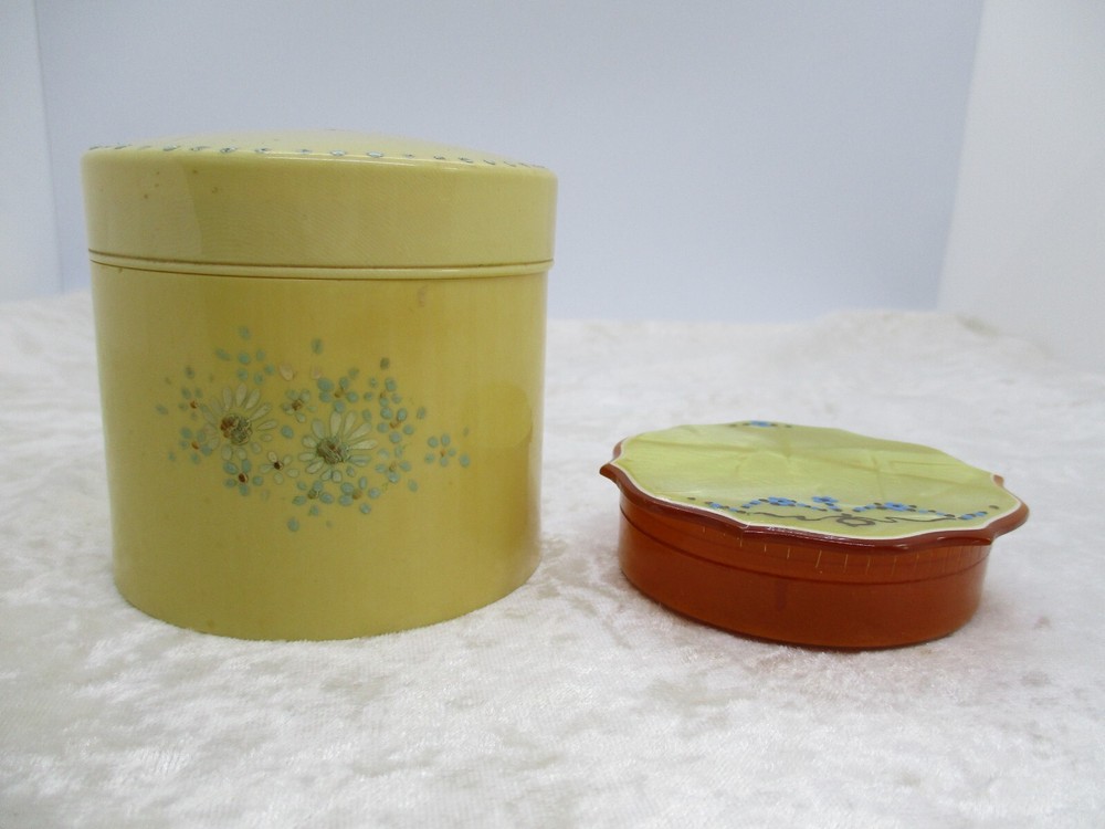 2 Vintage Celluloid & Bakelite Vanity Face Powder & Dusting Powder Boxes w/Lids