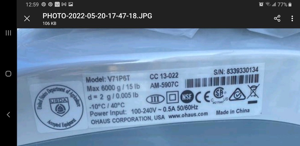 Ohaus scale Model V71P6T