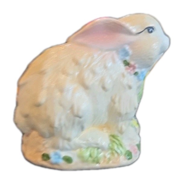 Large Bunny Planter White Rabbit w/ Cabbage Lettuce Leaf Planter