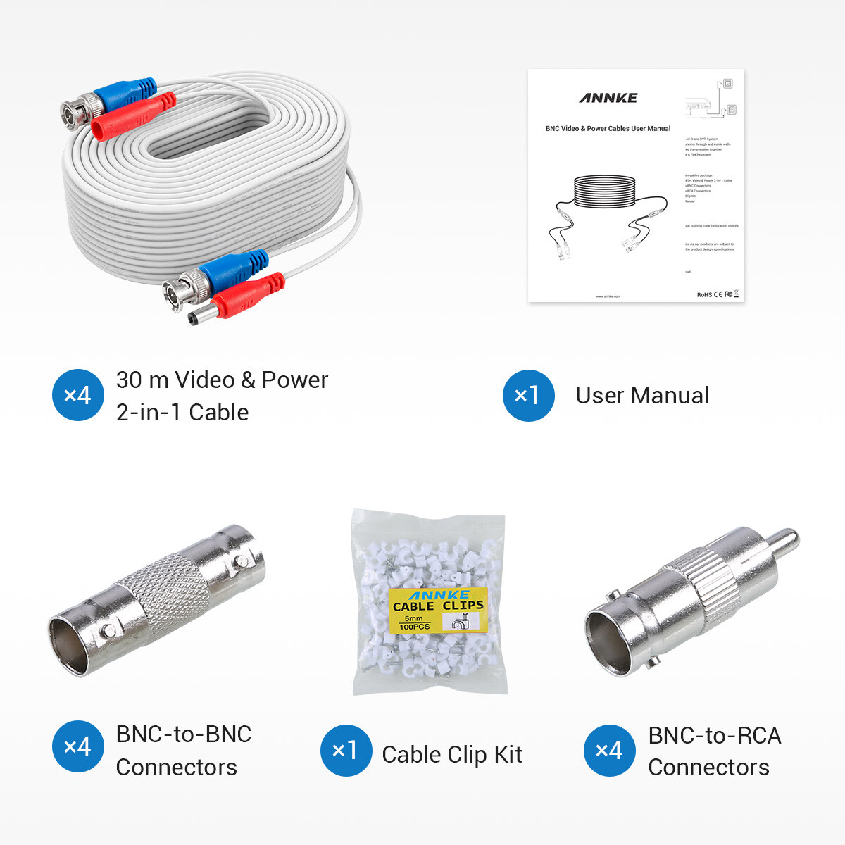 ANNKE 4PCS 100FT 30m Video Power BNC Cable for CCTV Security Camera System White