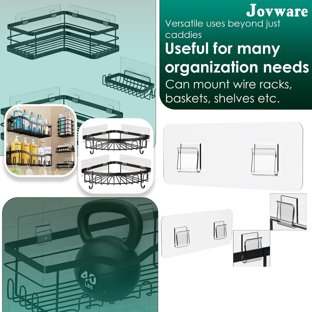 2 Pack Shower Caddy Adhesive Replacement Stickers with 2 Flat Hooks for Kitchen