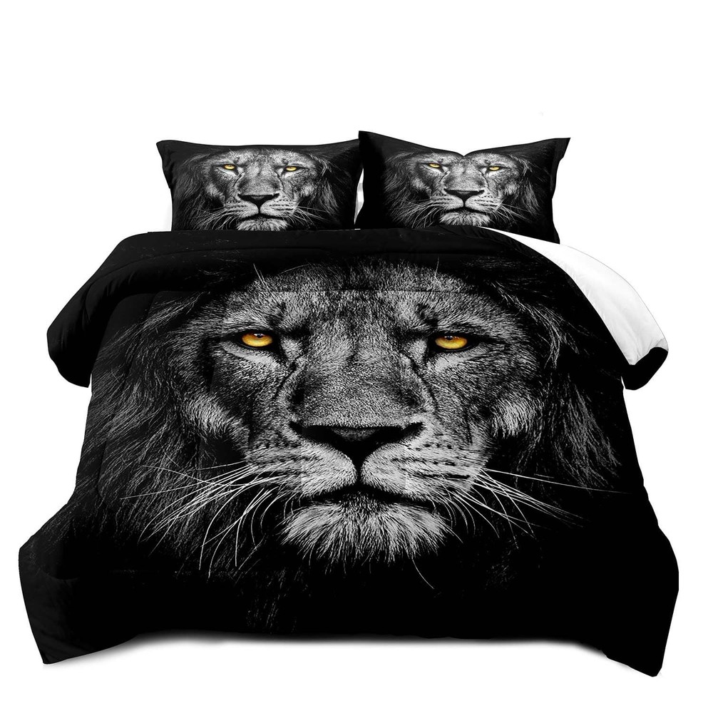 3PCS Black Lion Comforter Set Queen Size, Lion Bedding Soft Microfiber Black ...