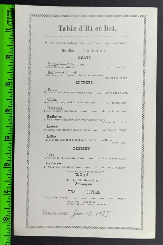Antique 1877 Table d'Hi et Dri Cincinnati Dinner Menu
