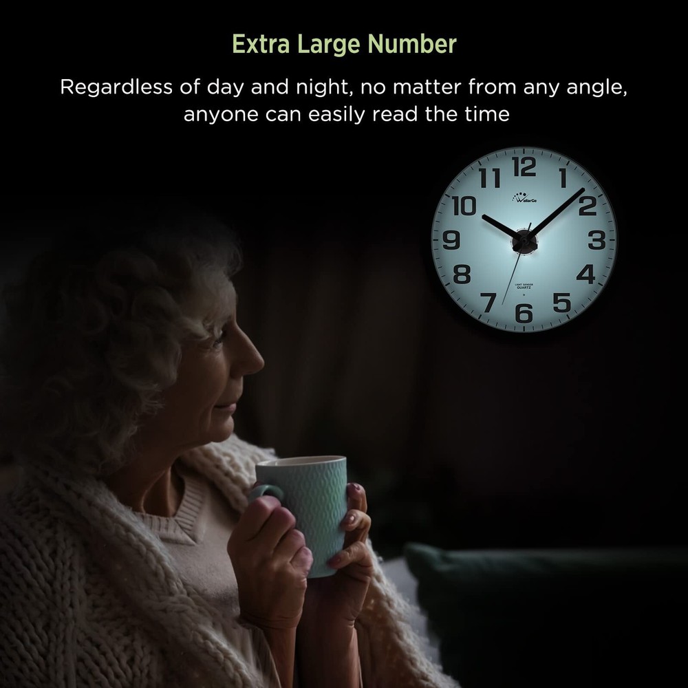 WallarGe Night Light Wall Clock for Bedroom - Silent Lighted up Wall Clock Gl...