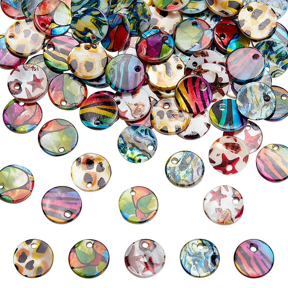 1box 80pcs 5 styles Shell Mixed color Flat Round Pendants Printed Shell