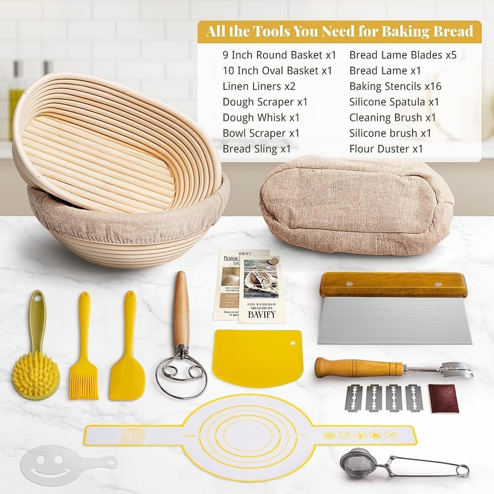 Complete Sourdough Bread Baking Set with 14 Essential Tools & Rattan Baskets