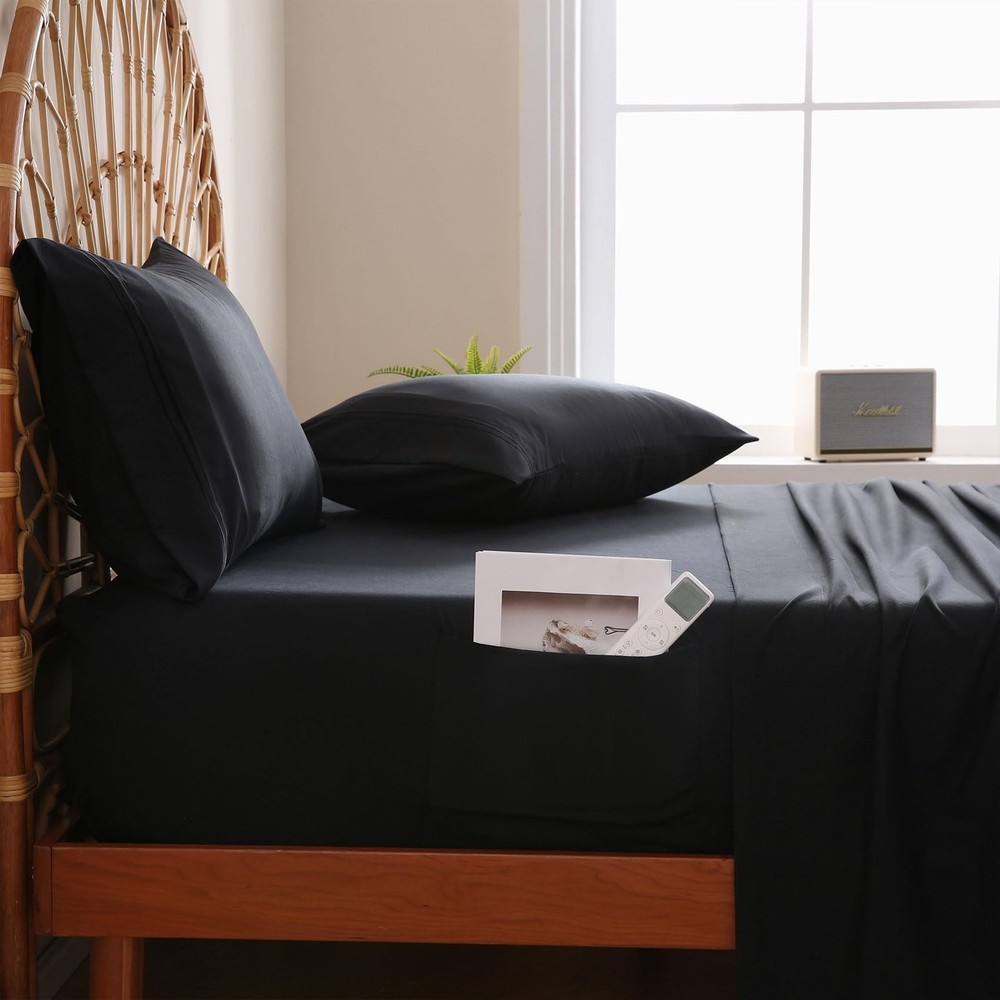 JSD Black Queen Sheet Set with Side Pocket Corner Straps, 4 Piece Soft Microf...