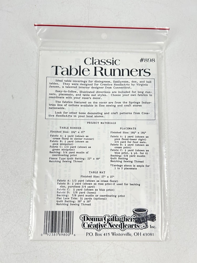 Vtg Rare Donna Gallagher Creative Needle CLASSIC TABLE RUNNERS Quilt pattern