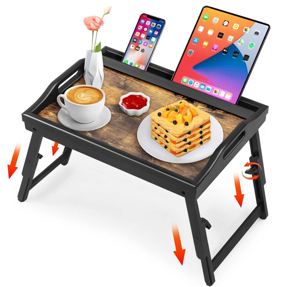 2 Pack Bed Tray Table with Adjustable Legs Breakfast Trays Serving Tray Bambo...