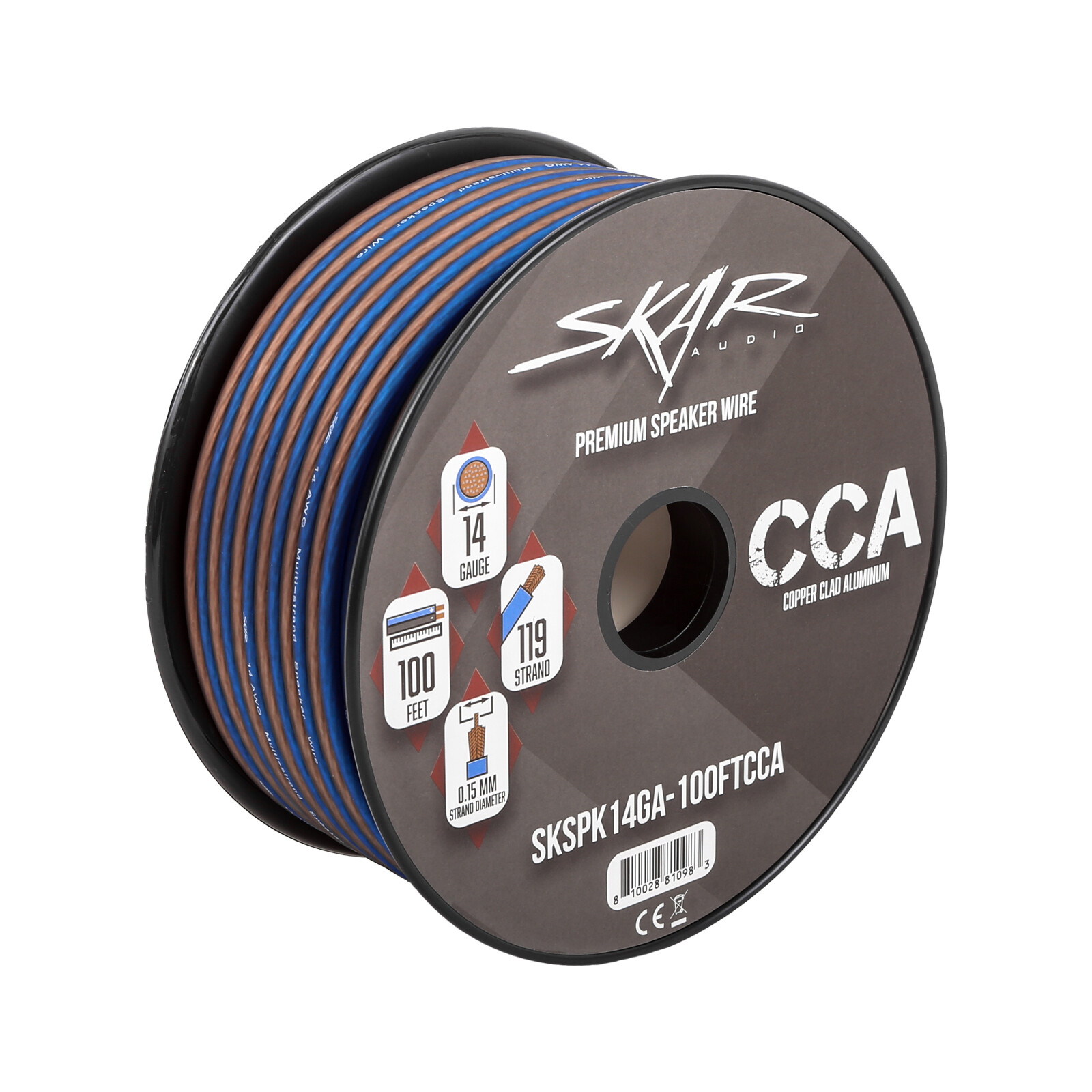 Skar Audio 14 Gauge CCA Car Audio Speaker Wire - 100 Feet (Matte Brown/Blue)