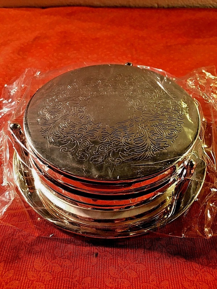 Vintage John Wanamaker Set of (6) Silverplated Coasters in Holder