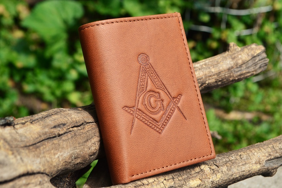 Masonic Tan Leather Tri-Fold Wallet - RFID Protected - Square and Compasses