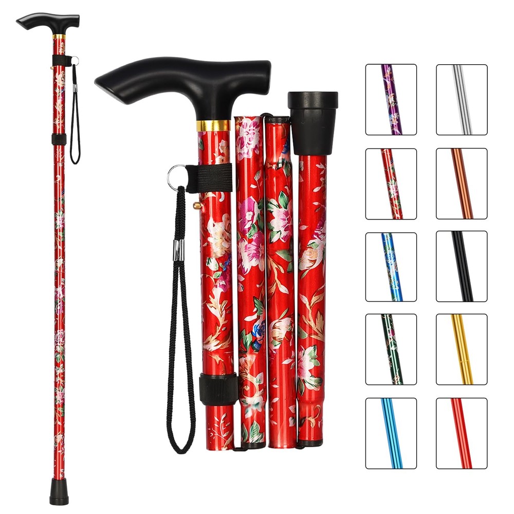 Folding Cane, Portable 5-Level Adjustable Height Walking Stick with Foldable ...