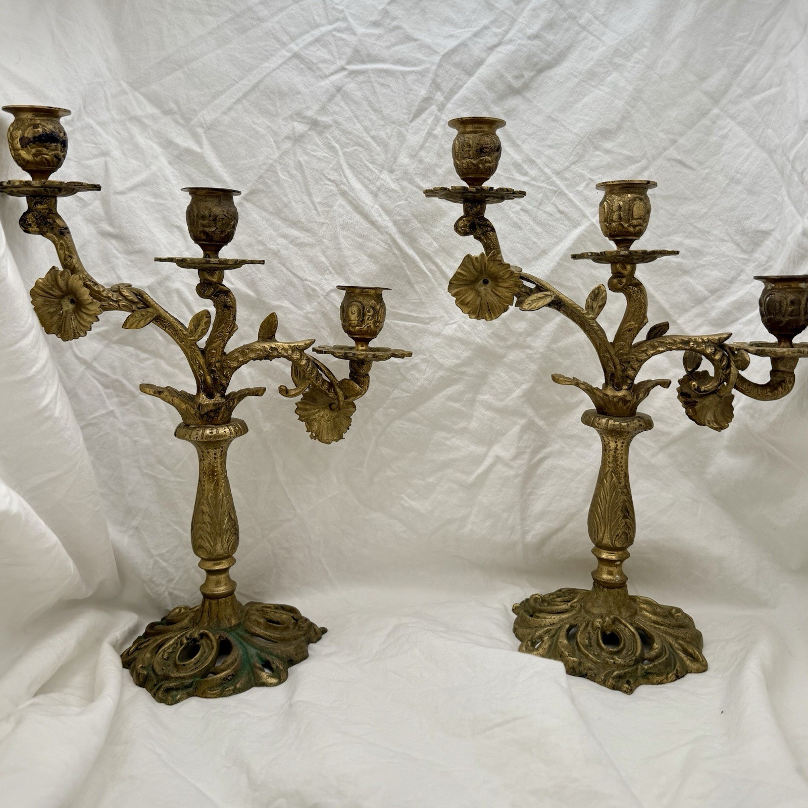Vtg Triple Candelabra Ornate Floral Heavy Brass Candlesticks Candle Holders Pair