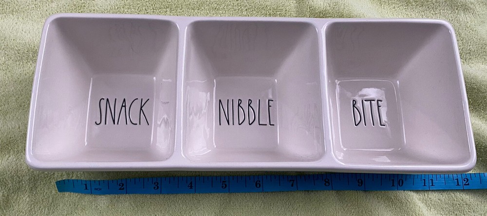 Rae Dunn White Ceramic “SNACK" "NIBBLE" & "BITE" 3-Compartment Dip Tray EUC!!
