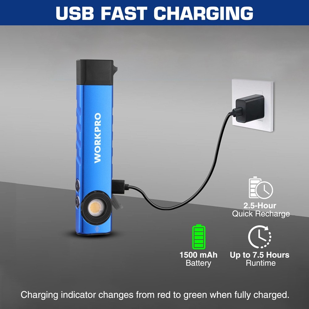 WORKPRO 600 Lumens Rechargeable LED Work Light Flat Pocket Flashlight w/UV Light