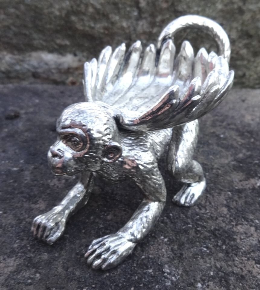 Heavy, Silverplated Reclining Monkey Open Salt Dip, Cellar, Dish!