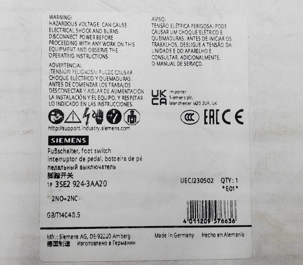 Siemens 3SE2924-3AA20 Foot Switch 16A 500V 6kV