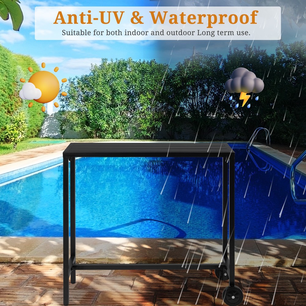 40" Outdoor Bar Table with Wheels, Rectangle Narrow Counter Height Table