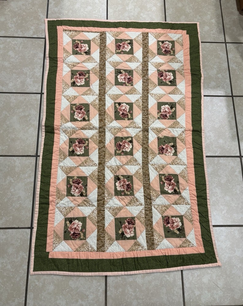 Handmade Quilt/Throw- Deep Green & Peach