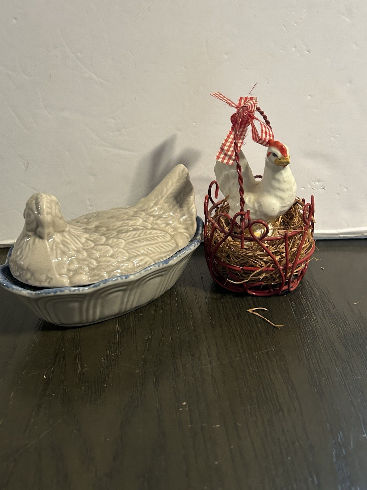 Vintage Gray And Blue Hen On A Nest•Porcelain Chicken On Nest In Wire Basket•EUC