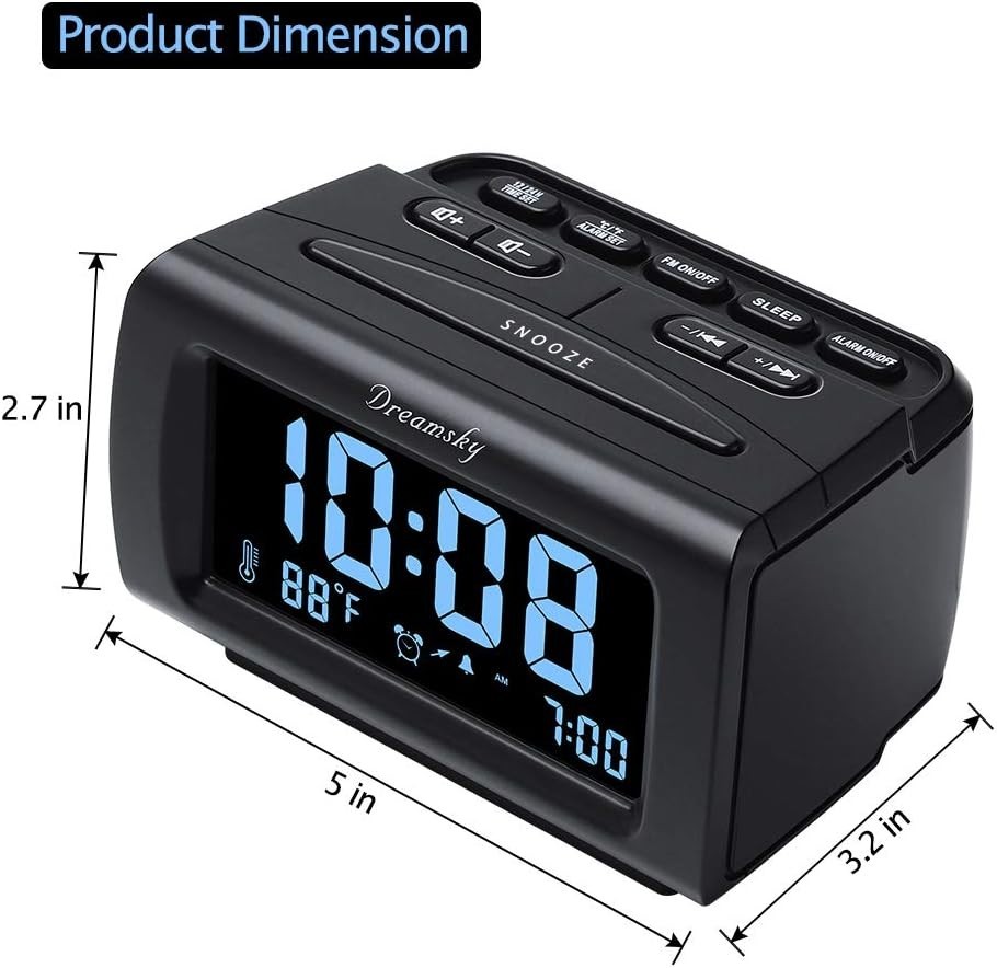 Large Display FM Alarm Clock with Adjustable Brightness & Temperature - Black