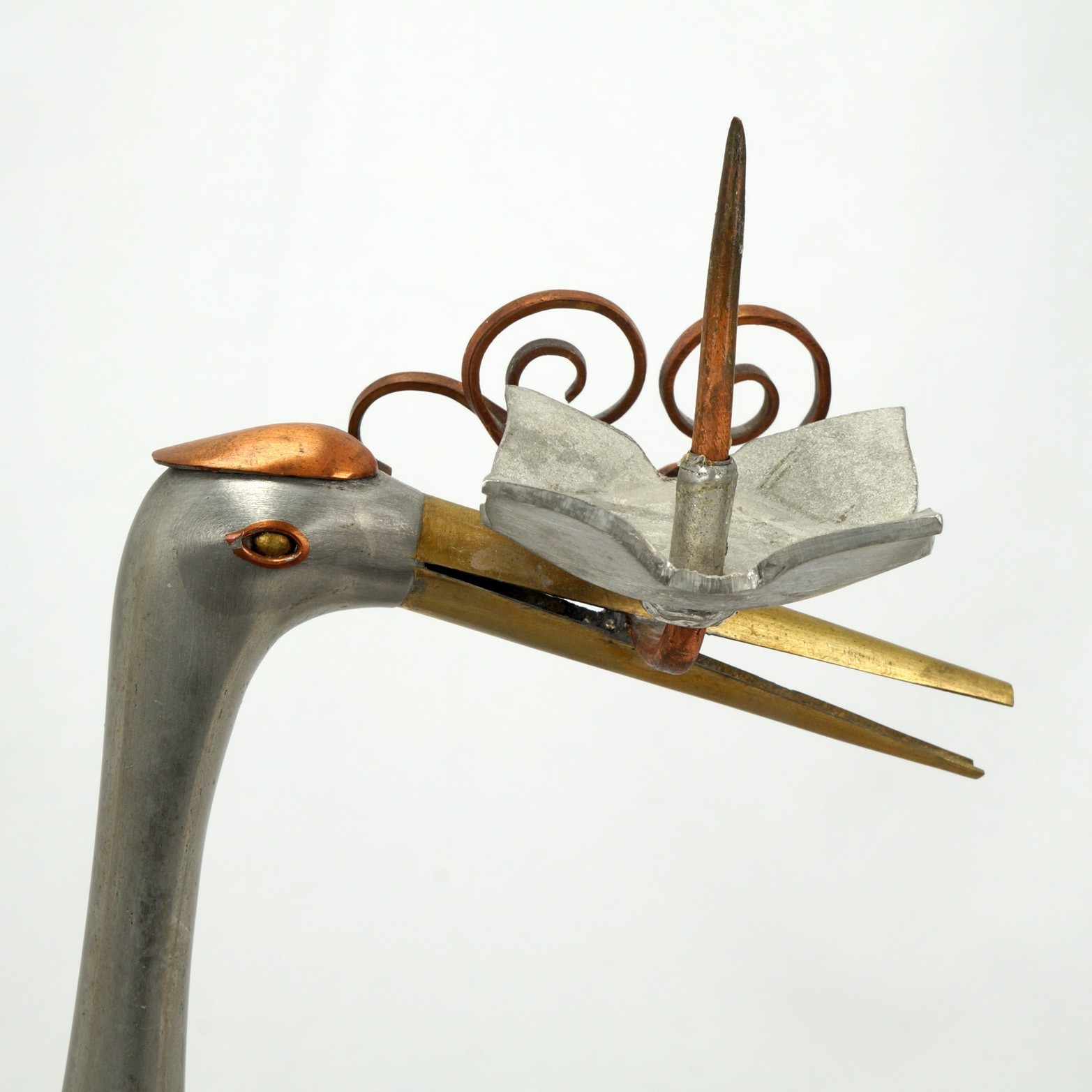 Pair Chinese Mixed-Metal Pewter Crane Sculptures Candlesticks