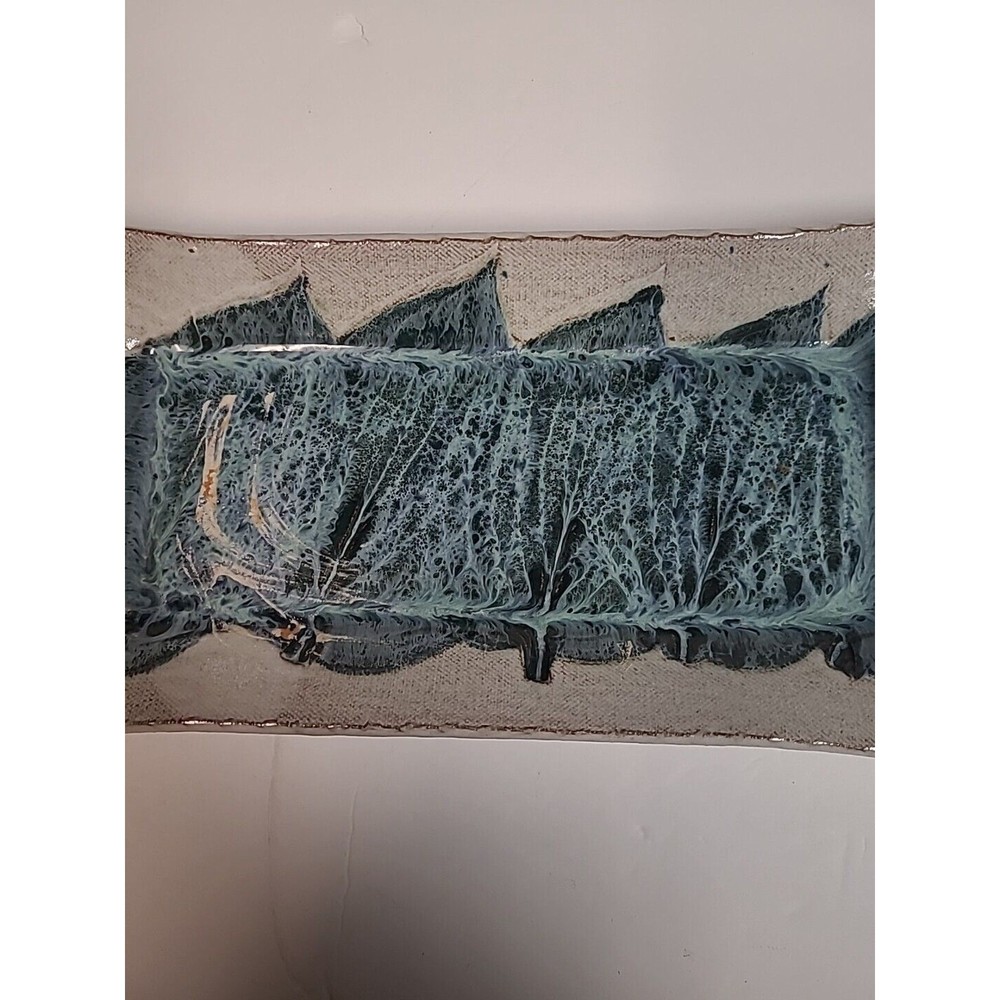 Decorative Handmade Tray Rectangle Grey Blue Leaf Design Abstract Ceramic 12 in