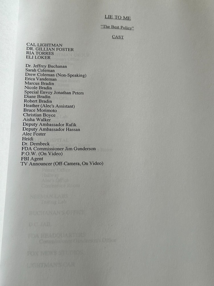 ORIGINAL SCRIPT LIE TO ME THE BEST POLICY NETWORK DRAFT TIM ROTH WILLIAMS HINES