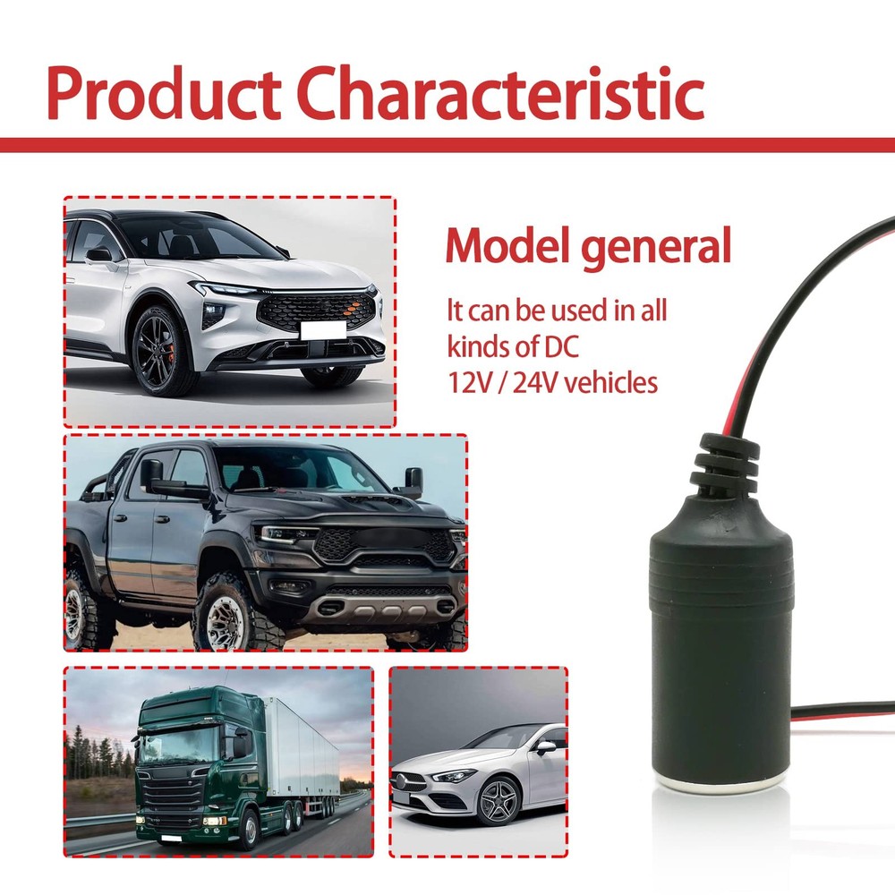 12V 24V Car Cigarette Lighter Socket Female Adapter Power Cable Plug