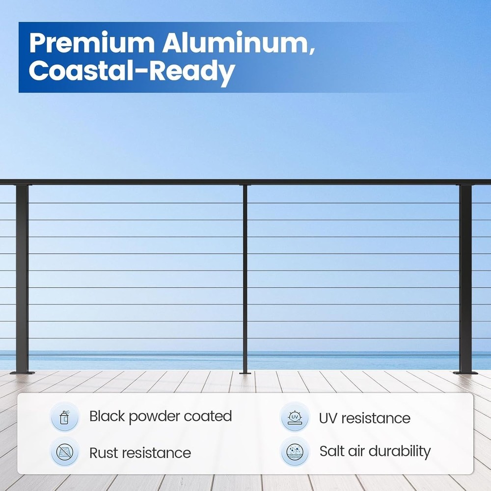 Black Aluminum Intermediate Cable Railing Post 36" Surface Mount w/ Flat Bracket