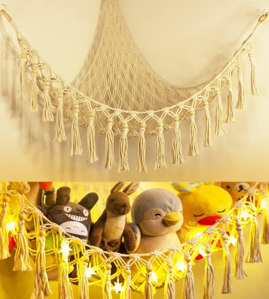 Handmade Macrame Stuffed Animal Hammock with Lights - Corner Storage Solution