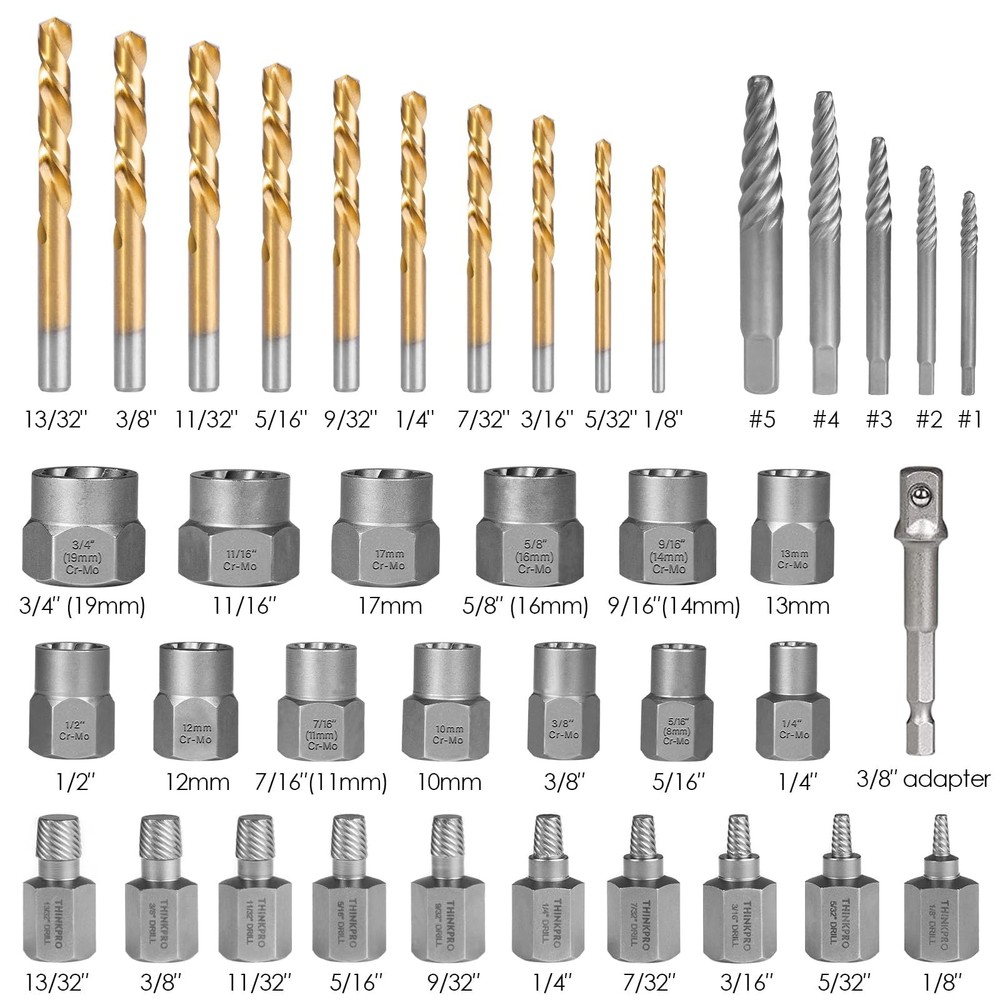 Thinkpro 39Pcs Bolt Extractor Set and Drill Bit Kit,Multi-Spline Screw Extrac...