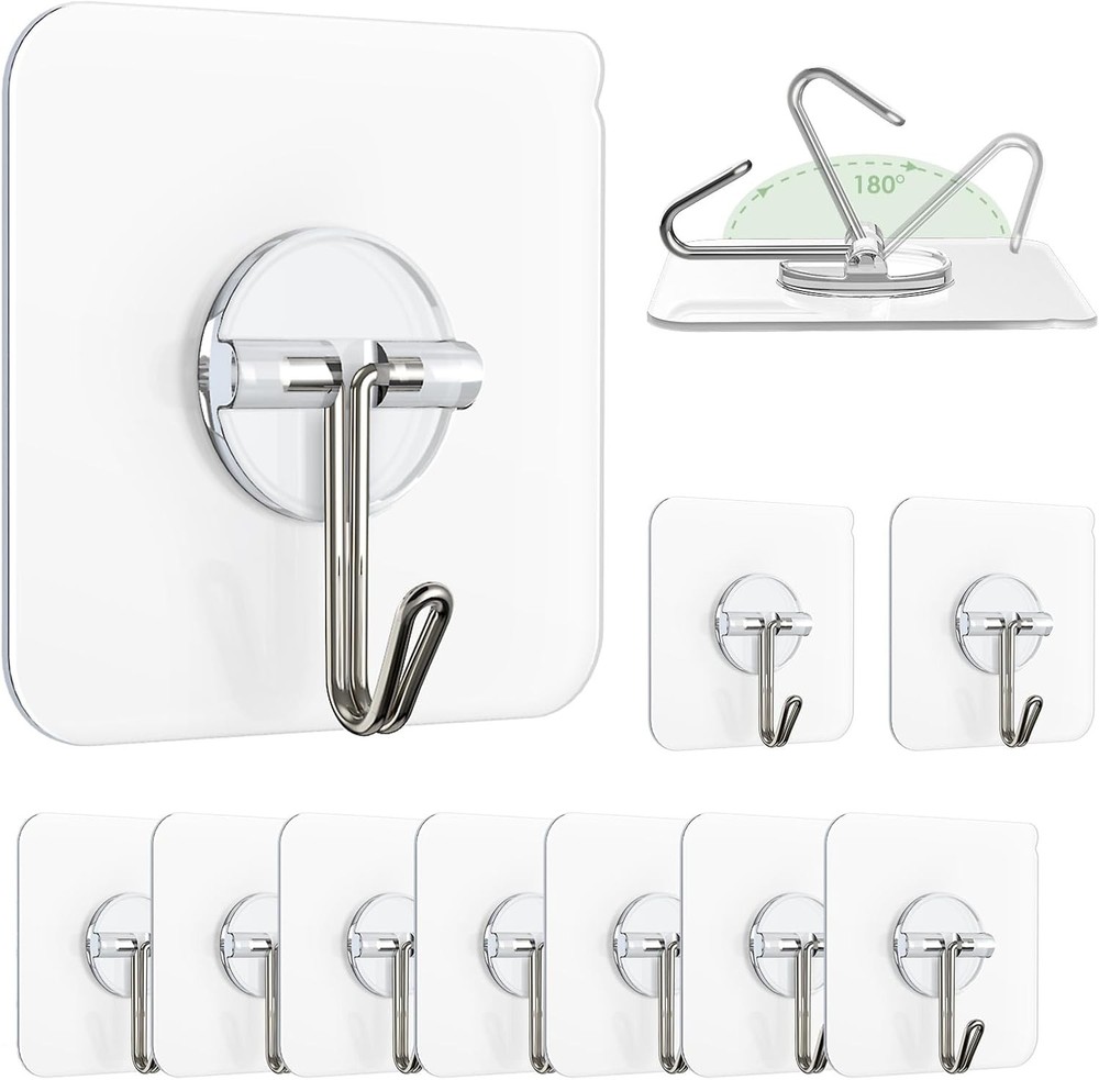 Adhesive Wall Hooks for Hanging, Clear Removable Ceiling 13 lb