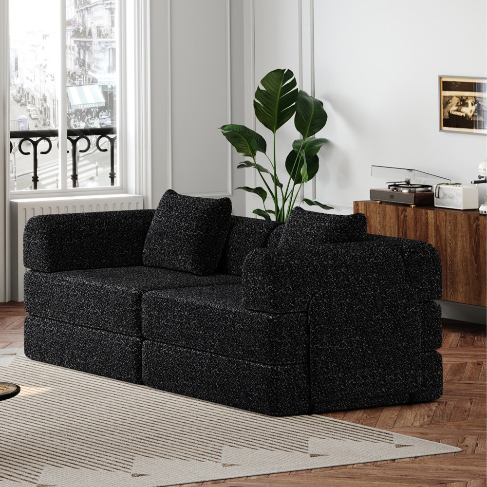 72.4" Convertible Sofa Bed w/ Storage Pockets, Black Chenille Fabric