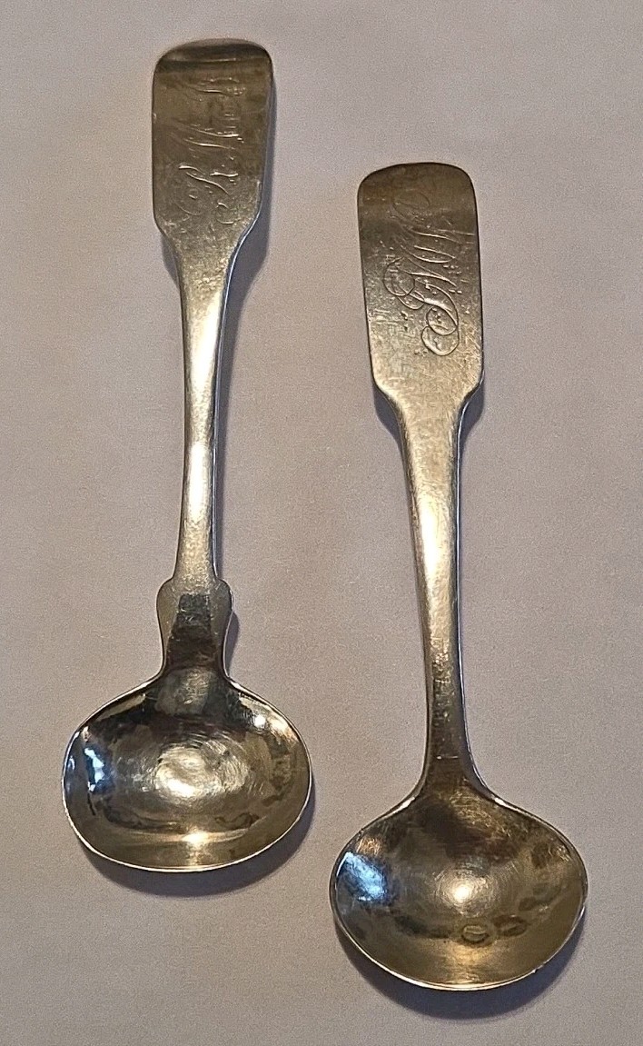 2 Antique American Coin Silver Salt Cellar Spoons 19th Century