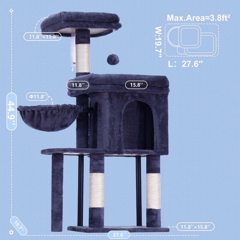 Cat Tree Tower, Scratching Posts with Cozy Condo, Padded Bed, Hammock, Plush ...