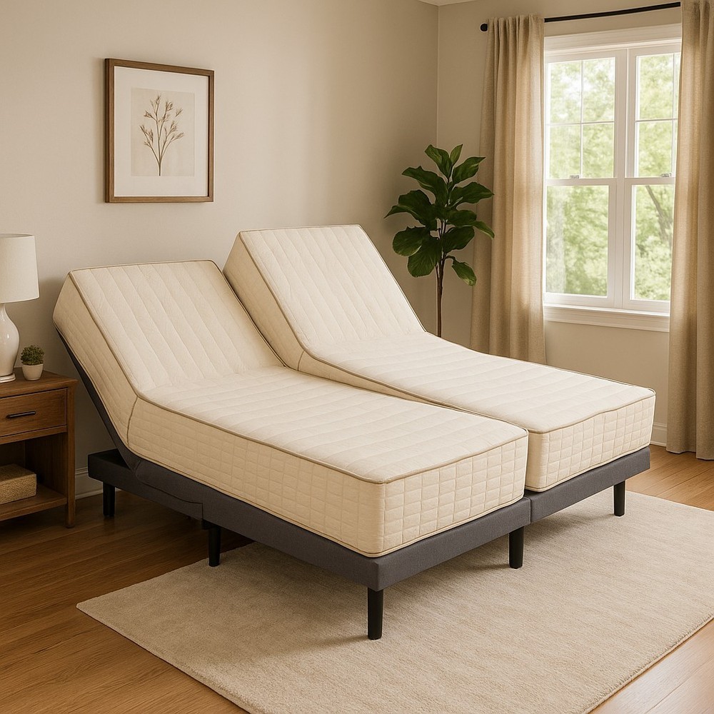 Split Queen Massaging Zero Clearance Adjustable Bed & 13" Latex Mattresses