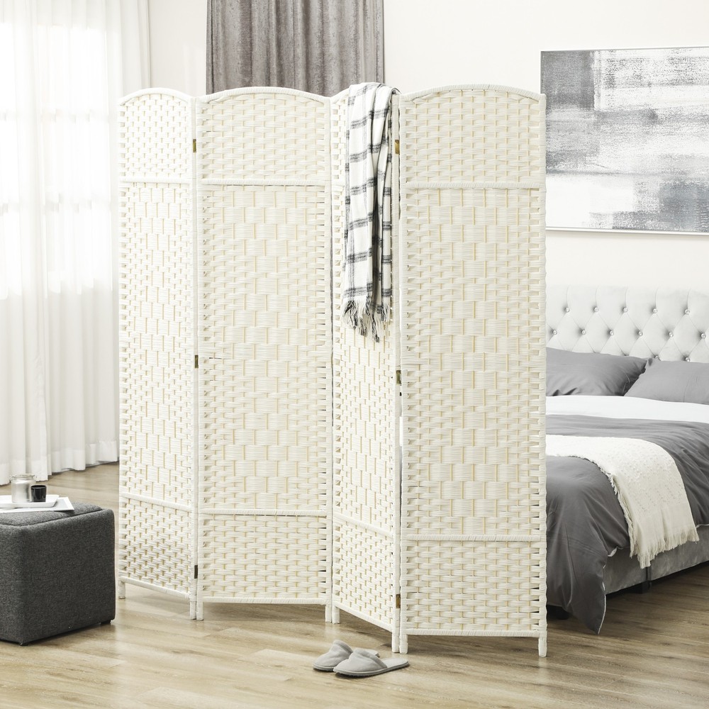 4 Panel Room Divider Hand-Woven Freestanding Partition White