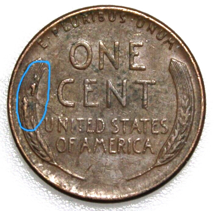 1957 Lincoln Wheat Cent , Die Obverse EIB Error Reverse: Defect Errors