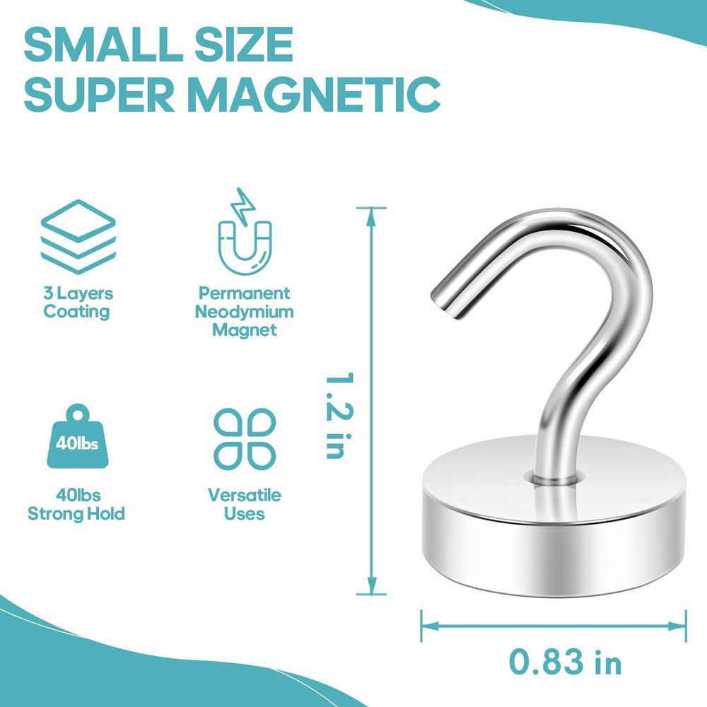 5 Pack Silver Magnetic Hooks 40LBS Magnet Hooks, Strong Magnetic Hooks