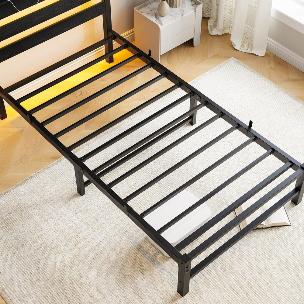 Twin Size Bed Frame Heavy Duty Platform Bed Frame with Headboard, USB Charging S
