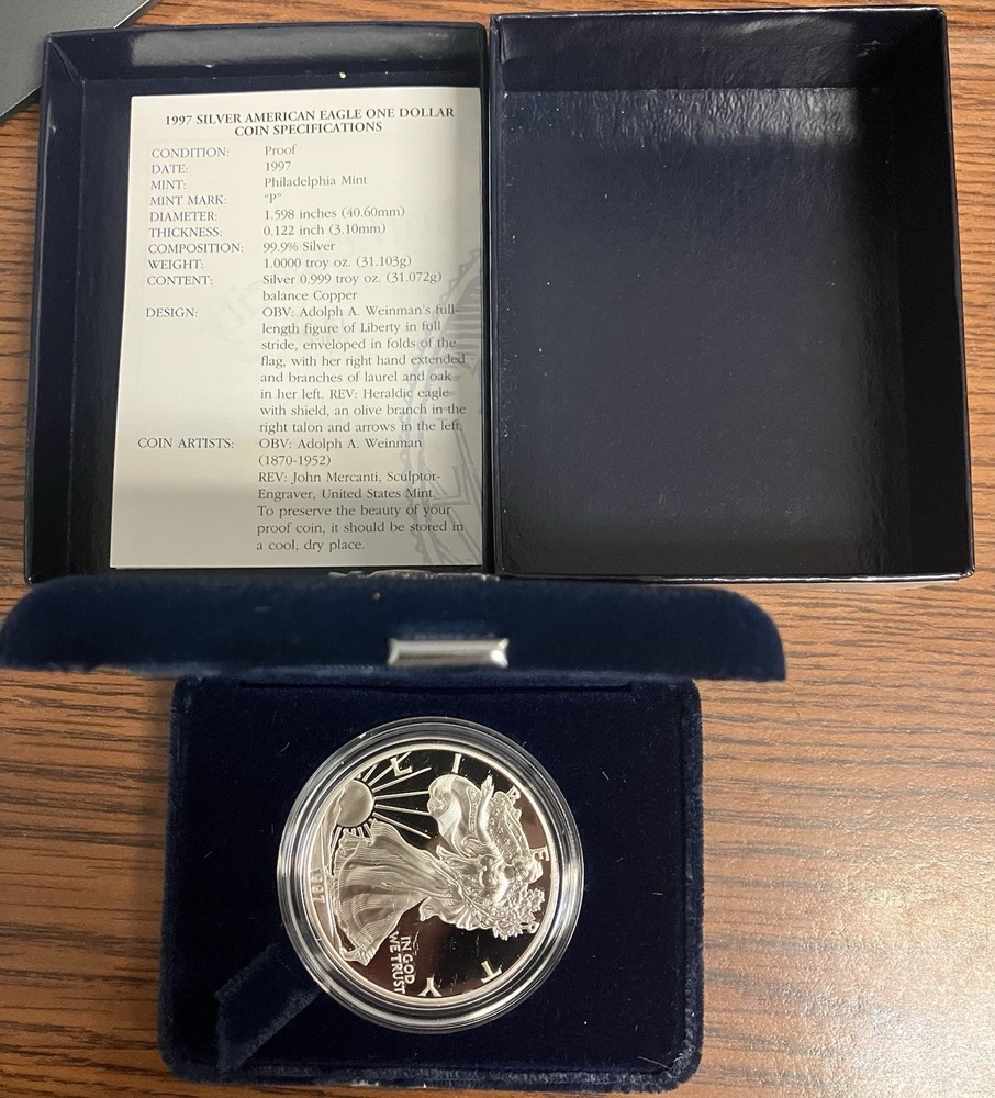 1997 1oz Proof American Silver Eagle Box/CoA Navy Blue Box