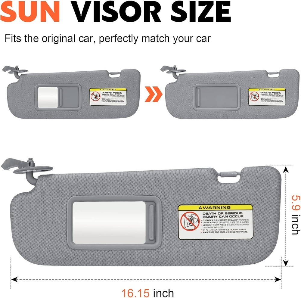 Gray Driver Left + Passenger Right Side Sun Visor Replacement Compatible Grey