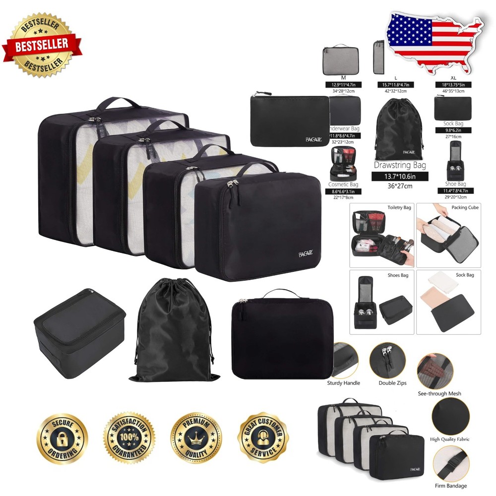 Travel Essential 8pc Jet Black Packing Cubes - Lightweight, Sturdy Polyester ...