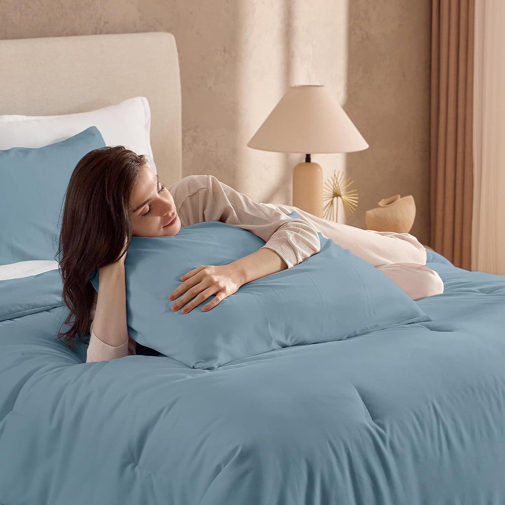Queen Size Comforter Set Grayish Blue, Solid Bed Comforter Set 3 Pieces, Soft Co