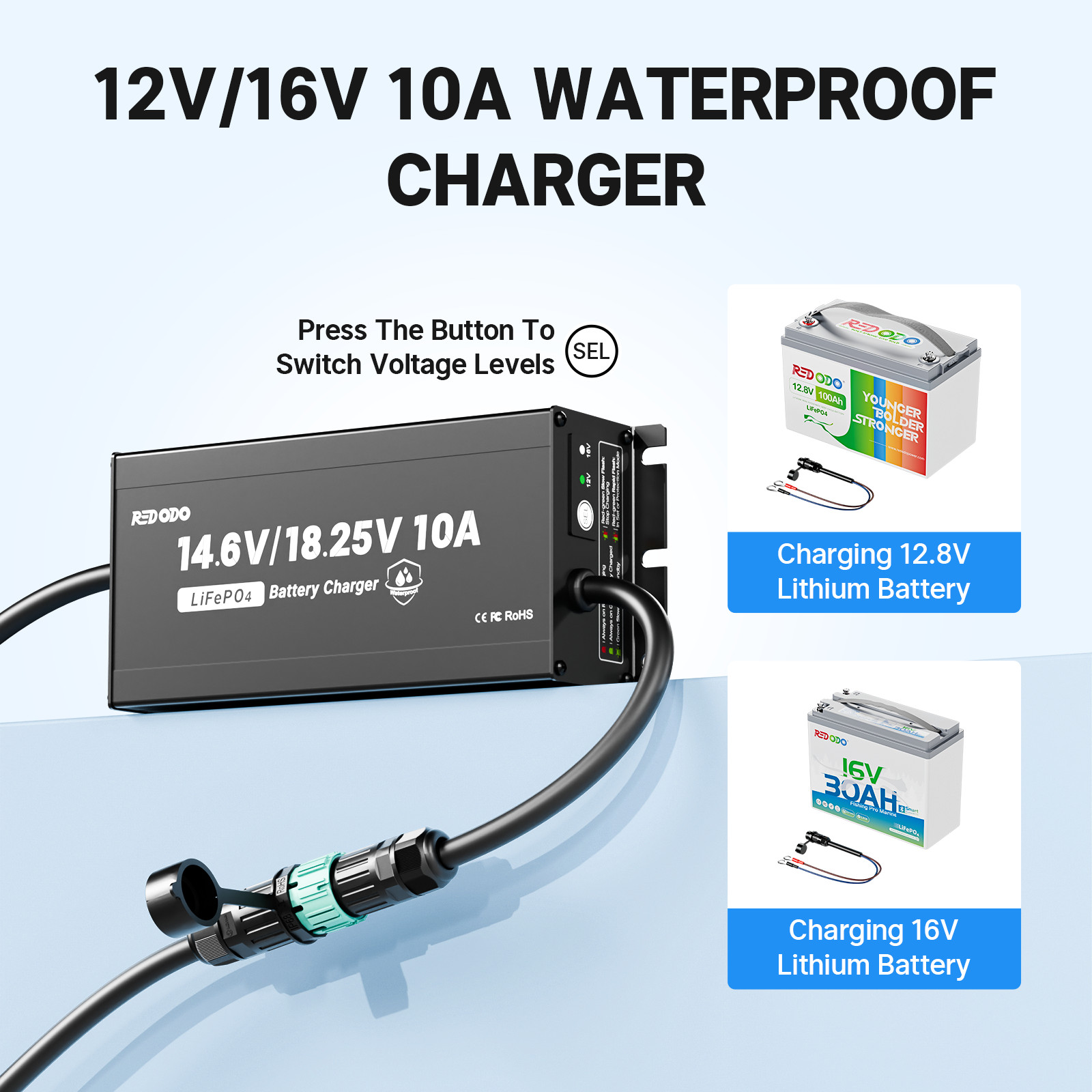 Redodo 14.6V 18.25V 10A Waterproof Charger for 12V 16V LiFePO4 Battery