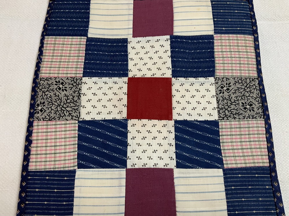 Antique Vintage Patchwork Quilt Table Topper Or Doll Quilt, Nine Patch, Red Navy