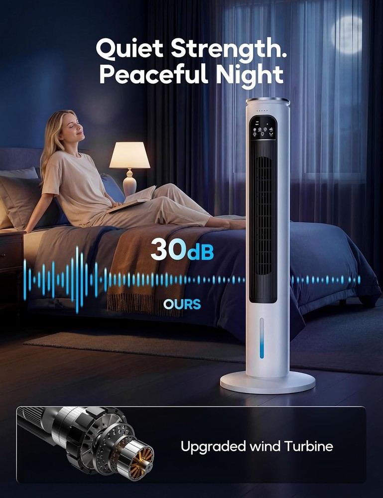Portable Windowless Air Cooler AC Tower Fan 3 Modes Remote White